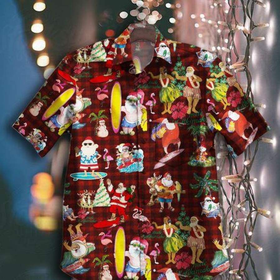 Cute Santa Claus Surfing Merry Christmas Unisex Hawaiian Aloha Shirts