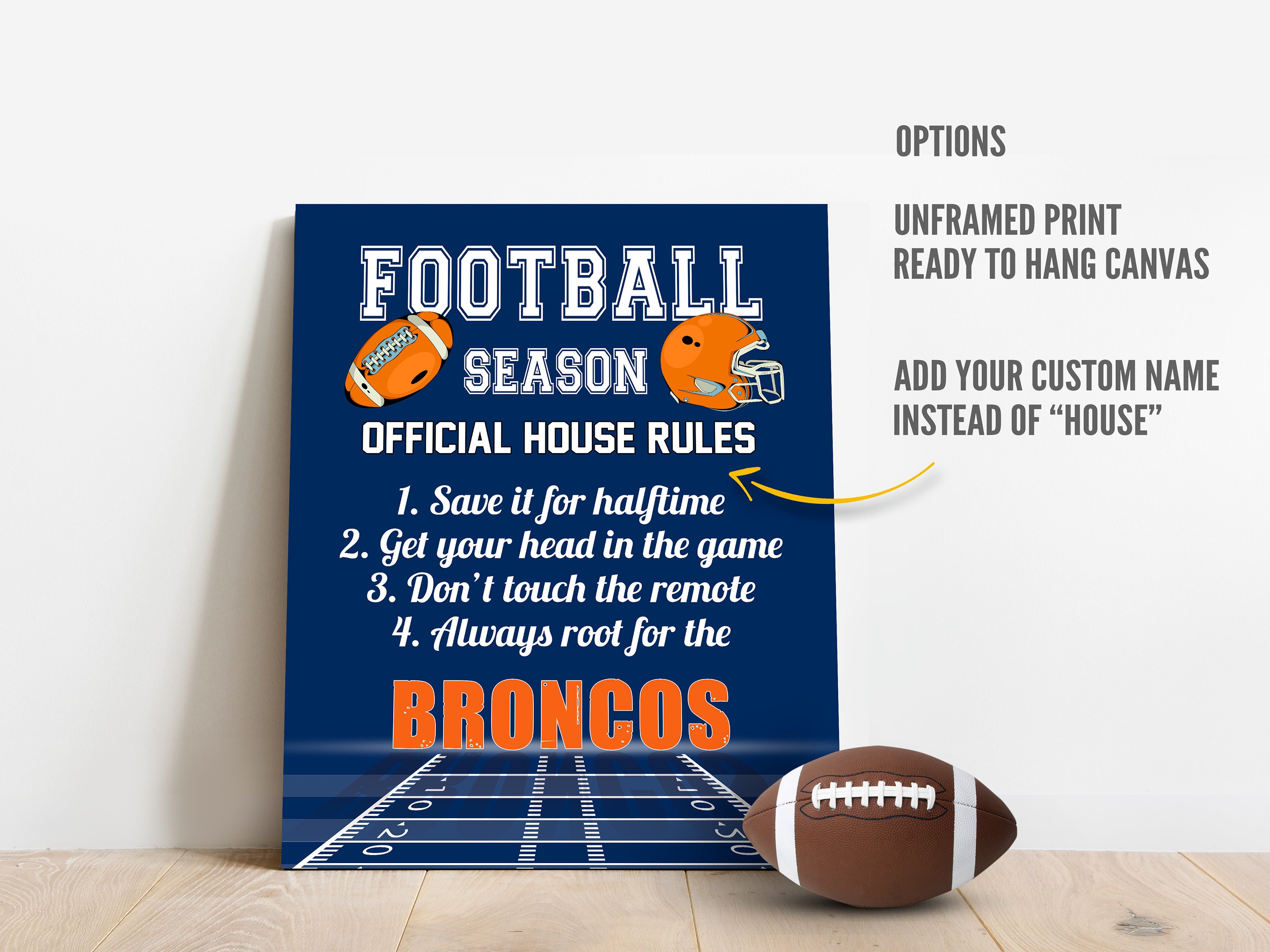 Denver Broncos Fan Gift For Dad or Grandpa Football Season Official House Rules Poster Print or Canvas Birthday Gift