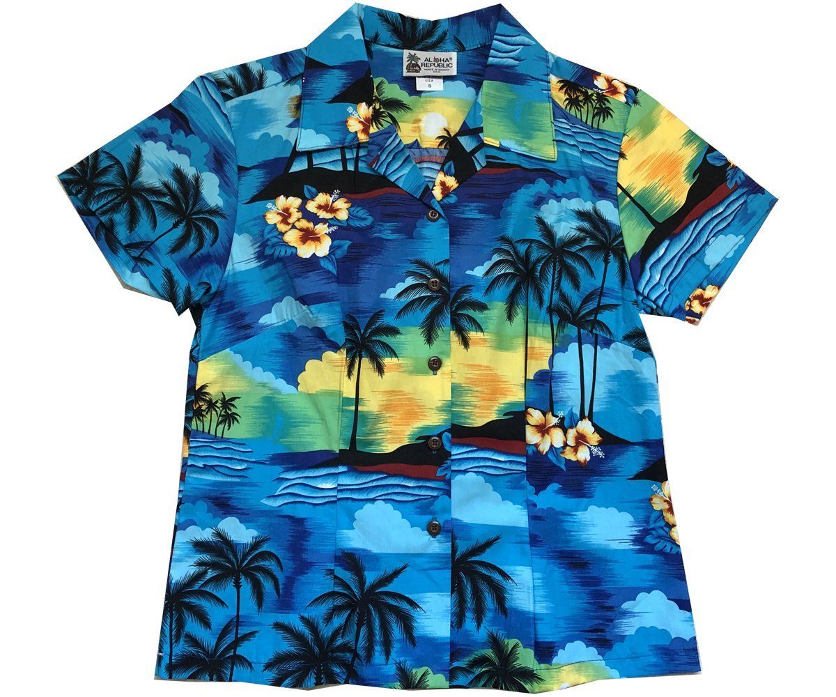 Diamond Head Sunset Blue Fitted Women’s Hawaiian Shirt