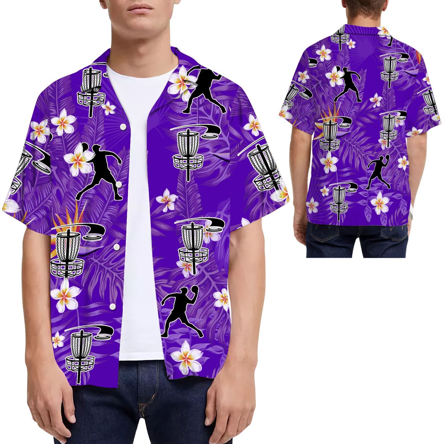 Disc Golf Purple Tropical Flowers Men Hawaiian Shirt For Disc Golfers