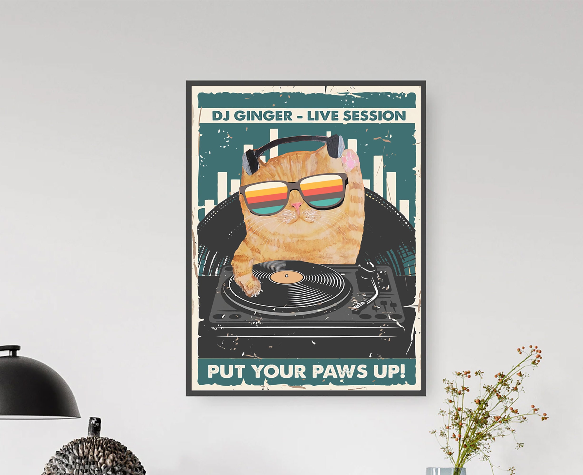 DJ Ginger Live Session Put Your Paws Up Framed Canvas Poster, Funny Loved Cats And Music Vintage Poster, Cat Music DJ Canvas Poster tho258