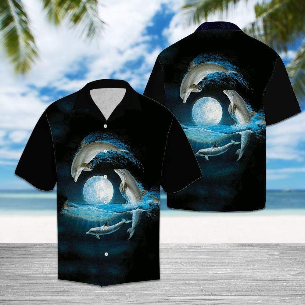 Dolphins With The Moon Hawaiian Aloha Shirts