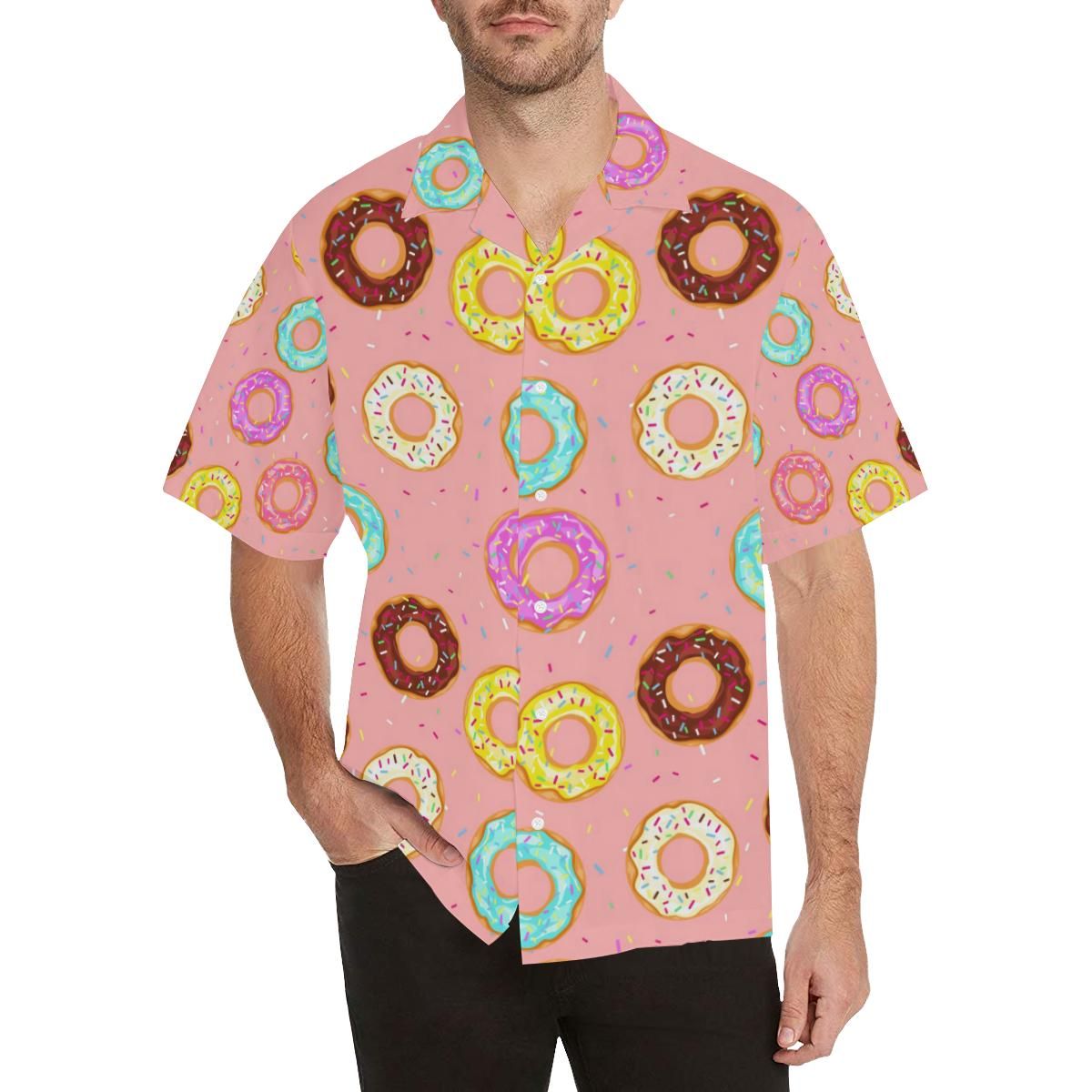 Donut Pattern Pink Background Men’s All Over Print Hawaiian Shirt