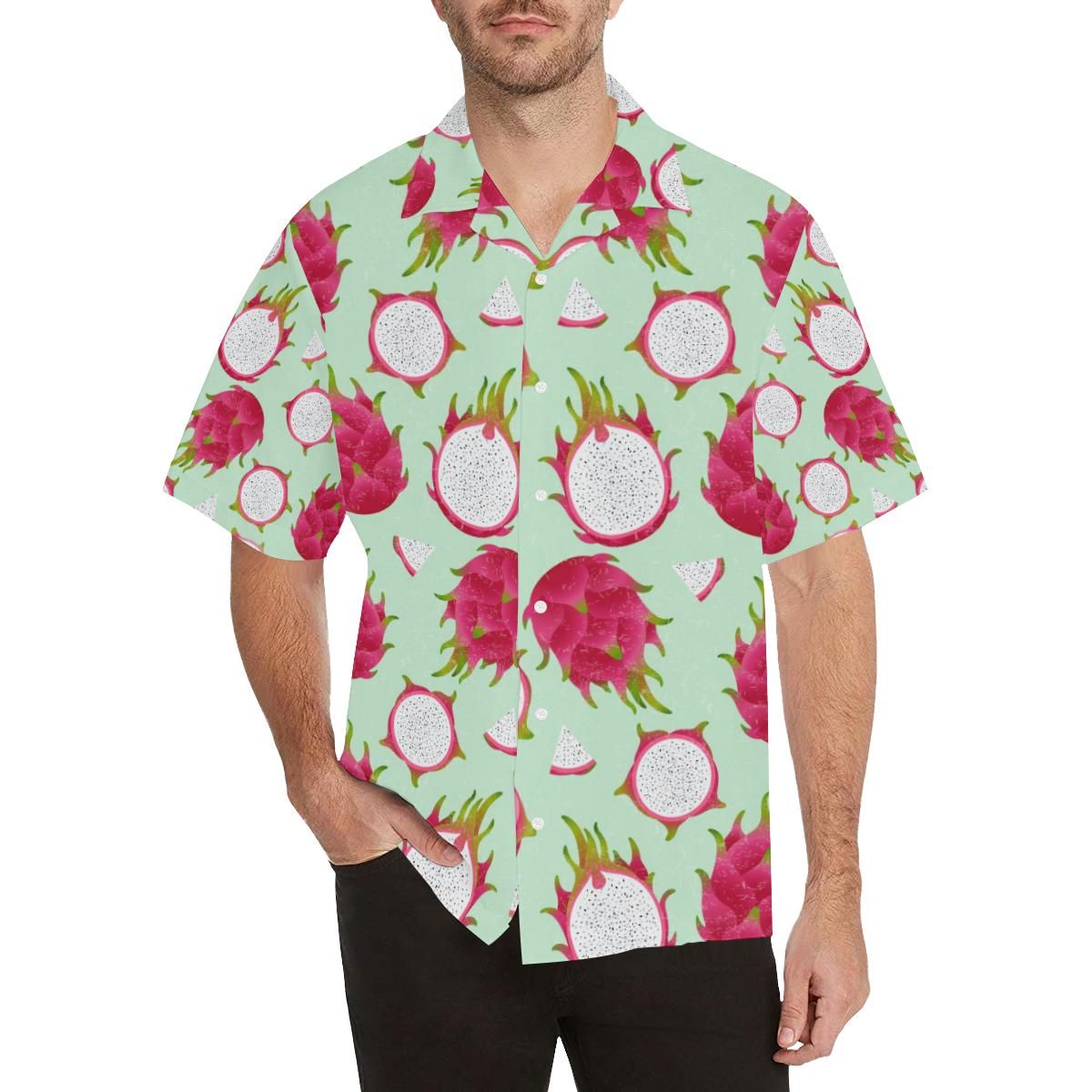 Dragon Fruit Pattern Green Background Men’s All Over Print Hawaiian Shirt