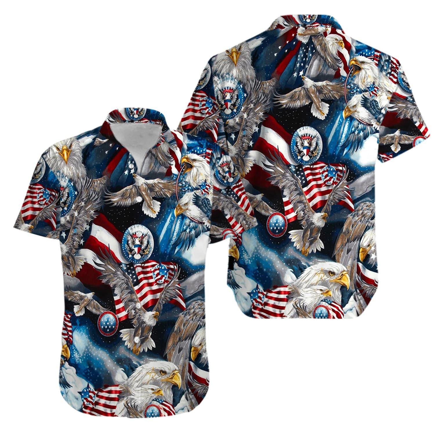 Eagles Patriotic USA American Flags Aloha Hawaiian Shirts #V