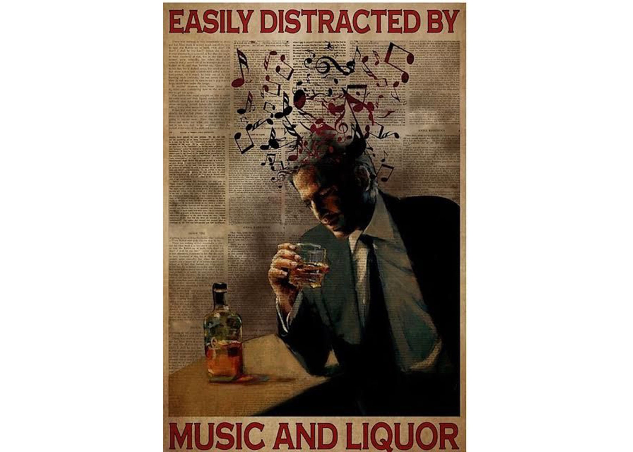 Easily Distracted By Music and Liquor Poster, Vintage Music Poster, Wall Decor, Music Gifts, Home Decor, Music Wall art, Liquor Poster