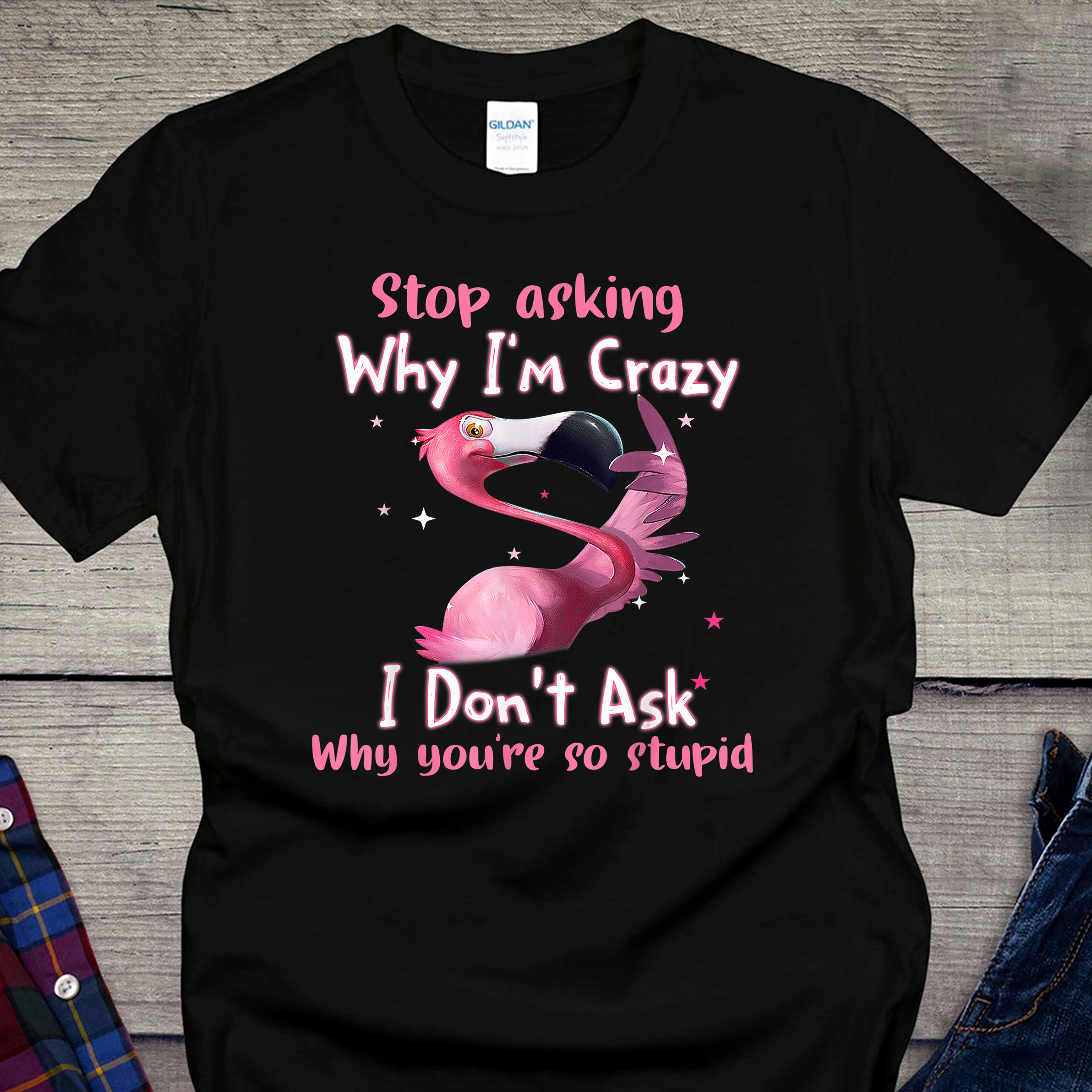 Flamingo Stop Asking Why I'm Crazy T-Shirt, I Don't Ask Why You're So Stupid Shirt, Funny Flamingo Shirt, Flamingo Lover Shirt, Flamingo Tee