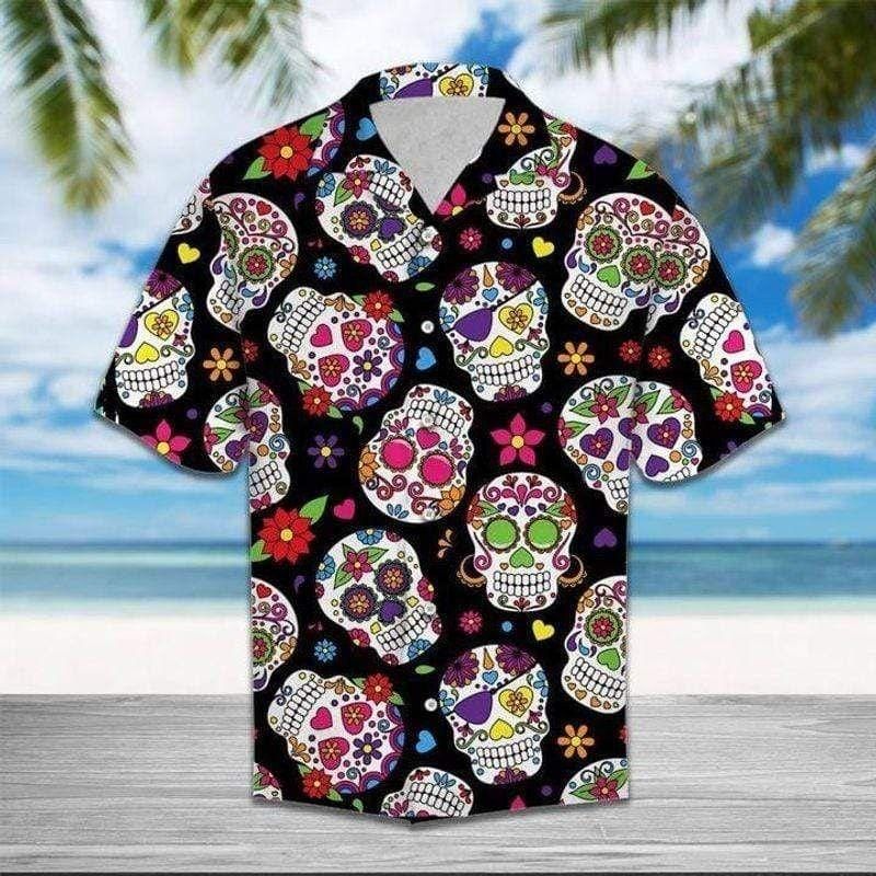 Floral Calavera Skull Wearing Sun Glasses Tropical Hawaiian Aloha Shirts #DH