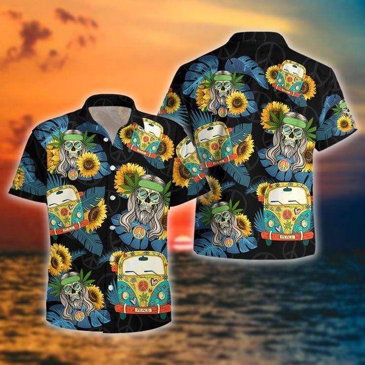 Flower Skull Hippie Car Hawaiian Aloha Shirts #V