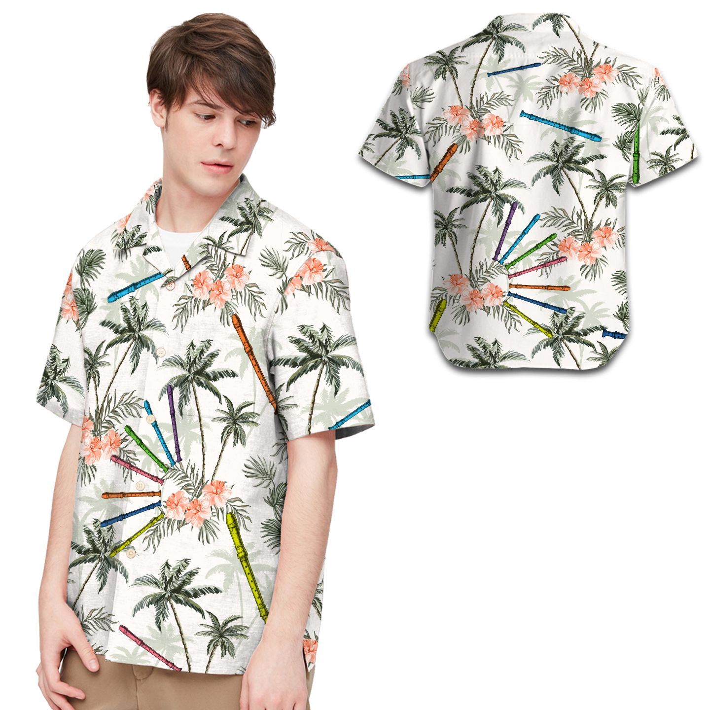 Flute Coconut Tree Hibiscus Men Hawaiian Shirt For Flute Lovers This Summer