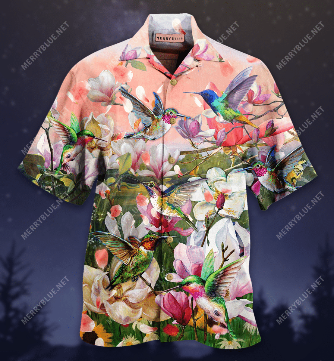 Flying Hummingbirds Blooming Magnolia Hawaiian Shirt