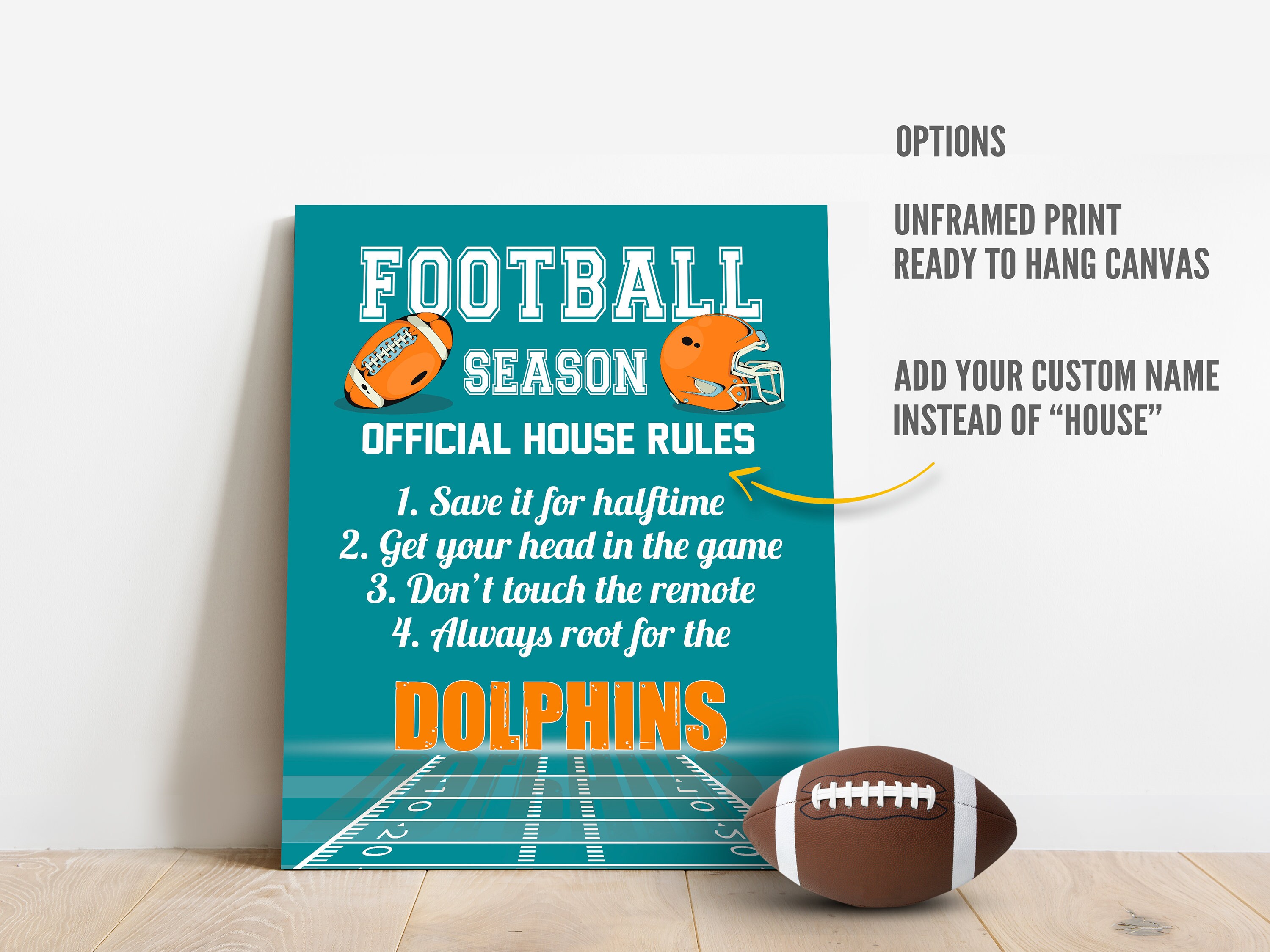 Football Season Official House Rules Miami Dolphins Fan Gift For Dad or Grandpa Poster Print or Canvas Birthday Gift
