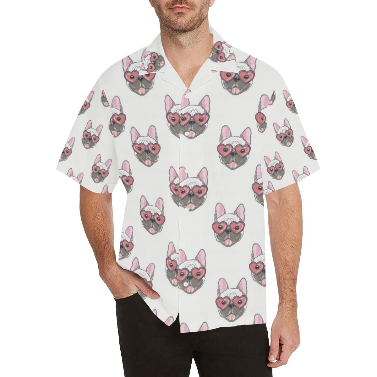 French Bulldog Heart Sunglass Pattern Men’s All Over Print Hawaiian Shirt