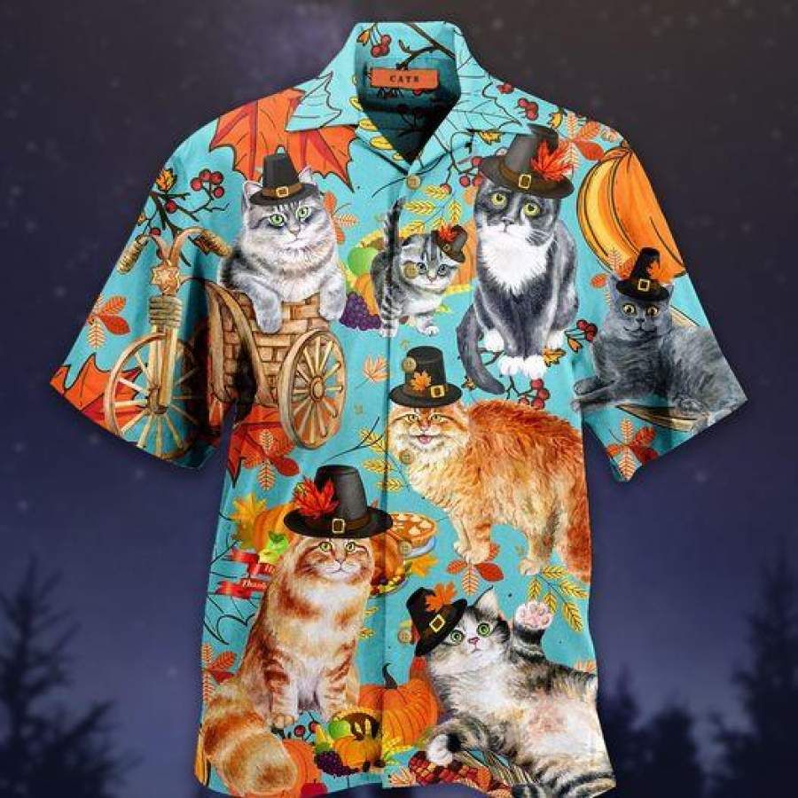 Funny Cat Thanksgiving Hawaiian Aloha Shirts