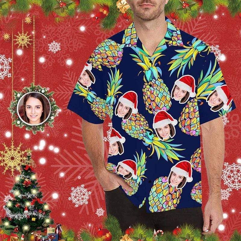 Funny Custom Face Merry Christmas Pineapple Red Unisex Hawaiian Shirts