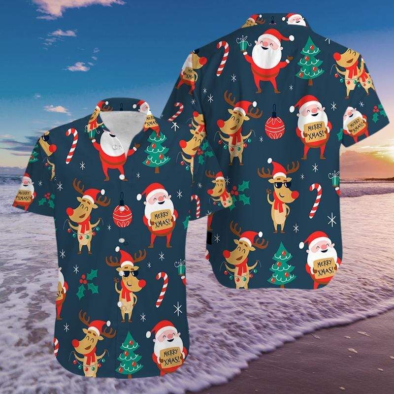 Funny Santa And Reindeer Pattern Hawaiian Aloha Shirts #1310h