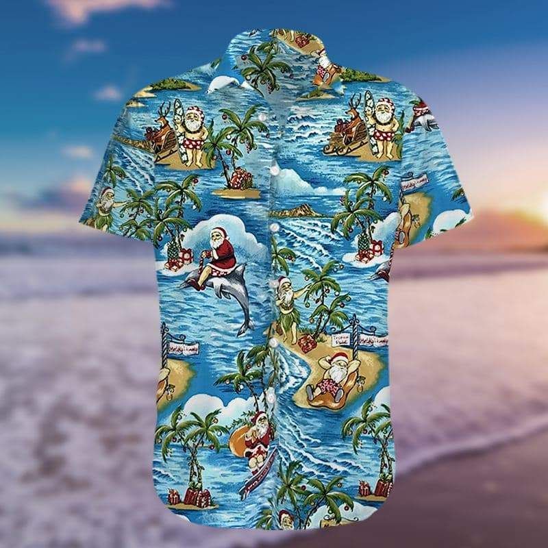 Funny Santa Claus Surfing Dolphin Summer Hawaiian Aloha Shirts #h
