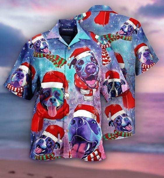 Funny Santa Pitbull Blue Hawaiian Aloha Shirts