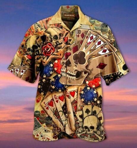 Gabling Poker Fire Skull Vintage Hawaiian Aloha Shirts #KV