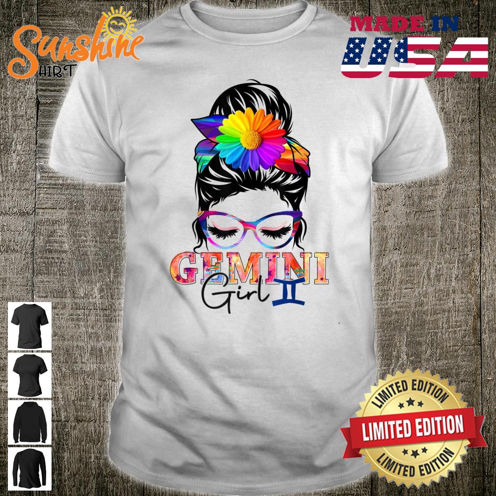 Gemini Girl Birthday Messy Bun Hair Colorful Floral Shirt