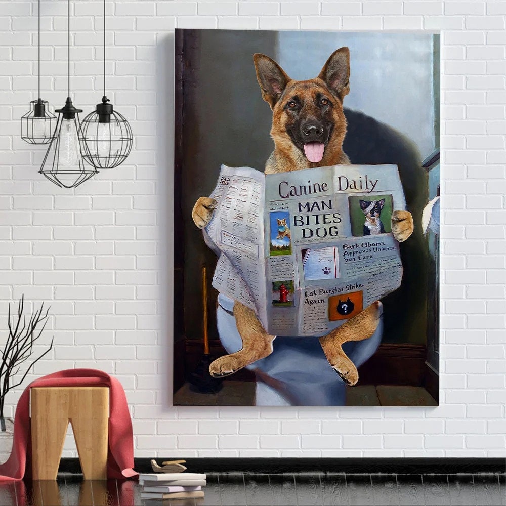 German Shepherd Reads Newspaper In Toilet Poster Canvas-3