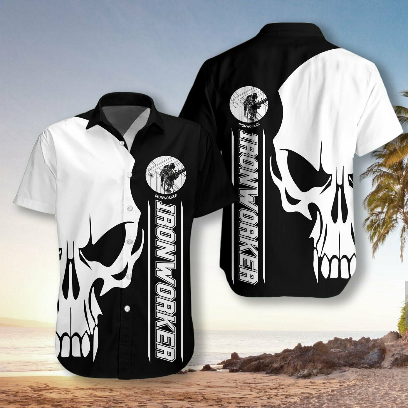 Gift For Dad Father's Day B&W Ironworker Skull Unisex Hawaiian Shirts