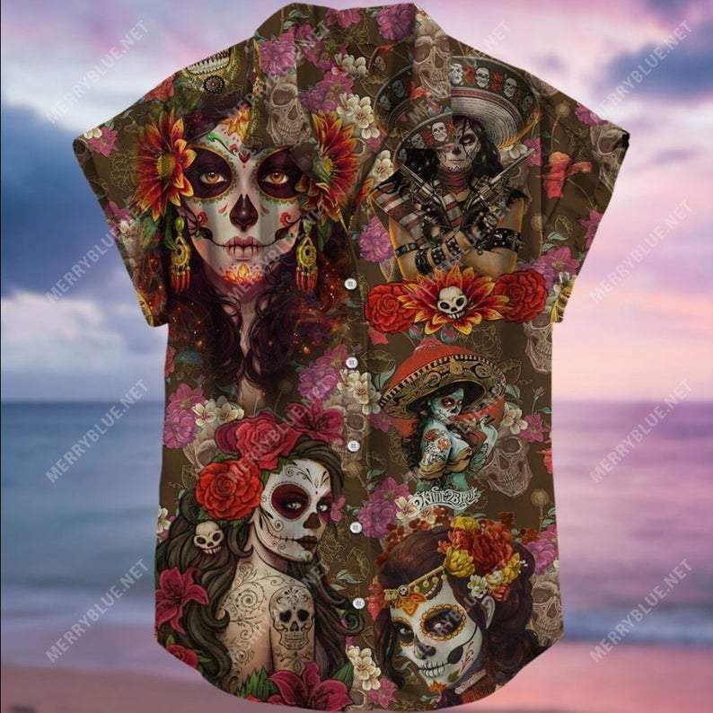 Girly skull tattoos Day of the dead sugar skull Hawaiian Shirts #KV