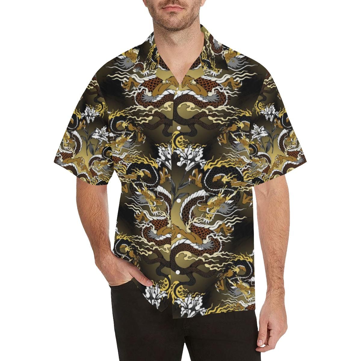 Gold Dragon Pattern All Over Print Hawaiian Shirt