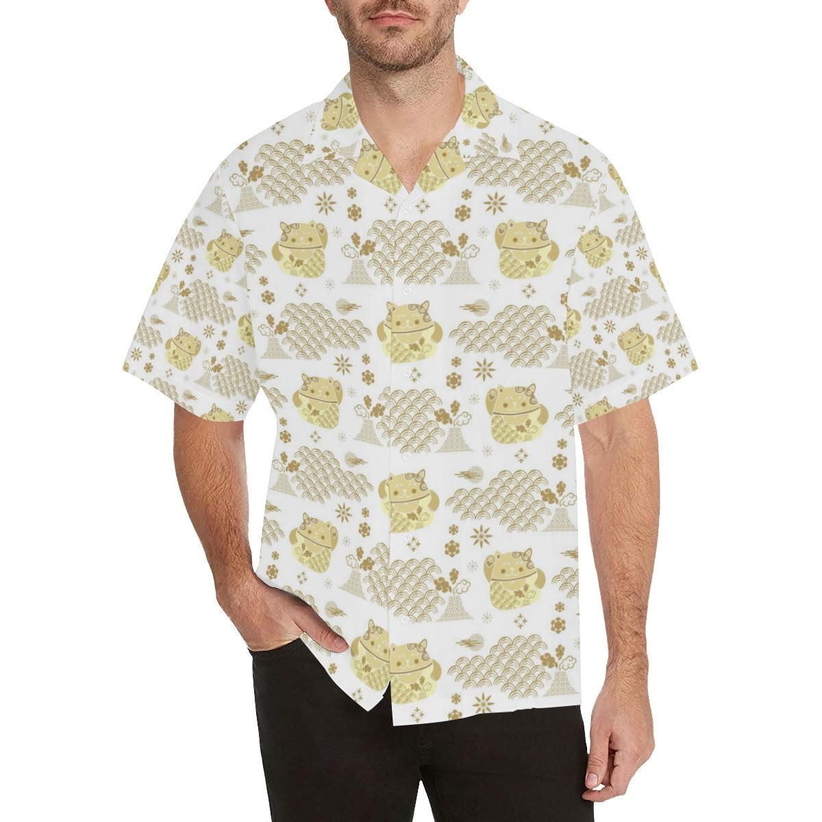 Gold Meneki Neko Lucky Cat Pattern Men’s All Over Print Hawaiian Shirt