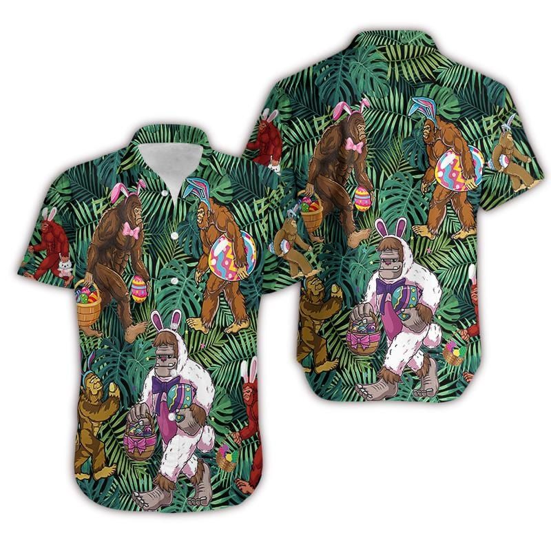Green Tropical Bigfoot Happy Easter Day Unisex Hawaiian Aloha Shirts #DH