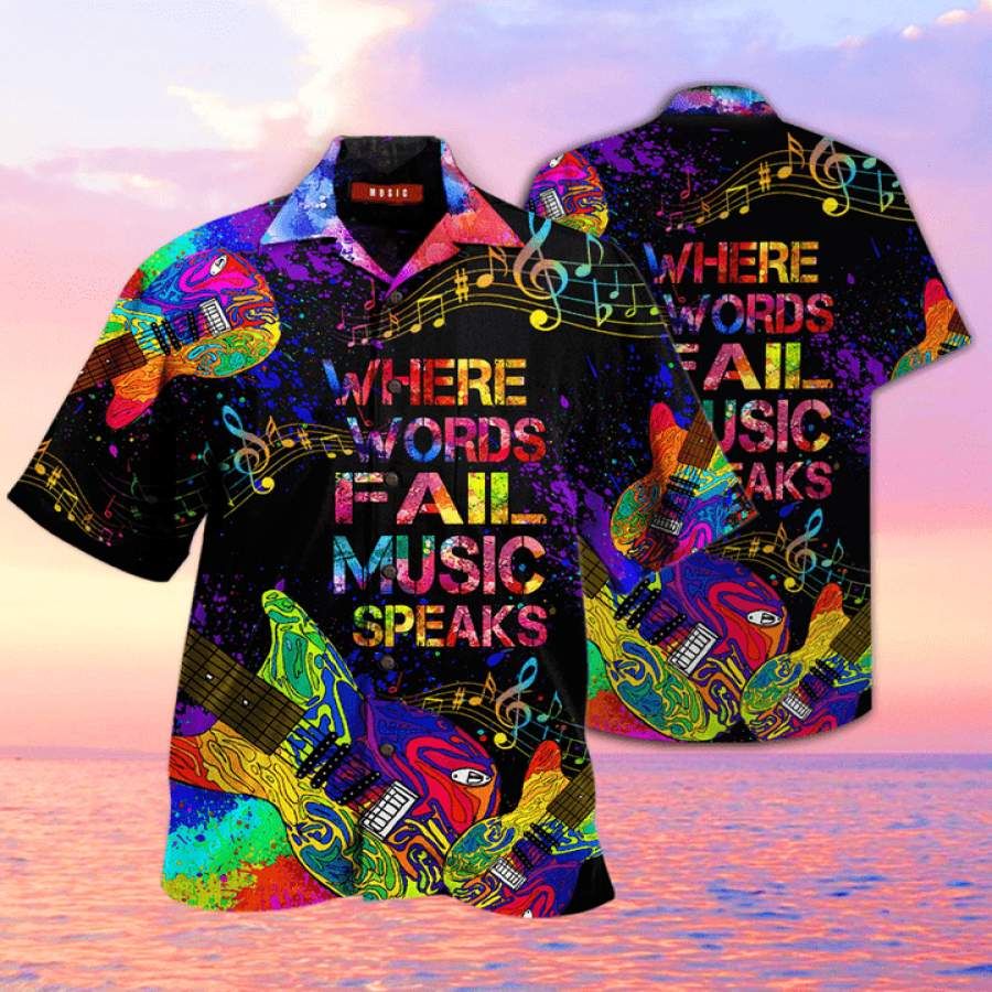 Guitar Where Words Fail Music Speaks Hawaiian Aloha Shirts #v