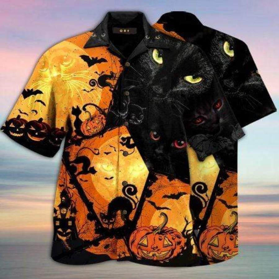 Halloween Black Cat Tropical Full Printing Hawaiian Shirts #v