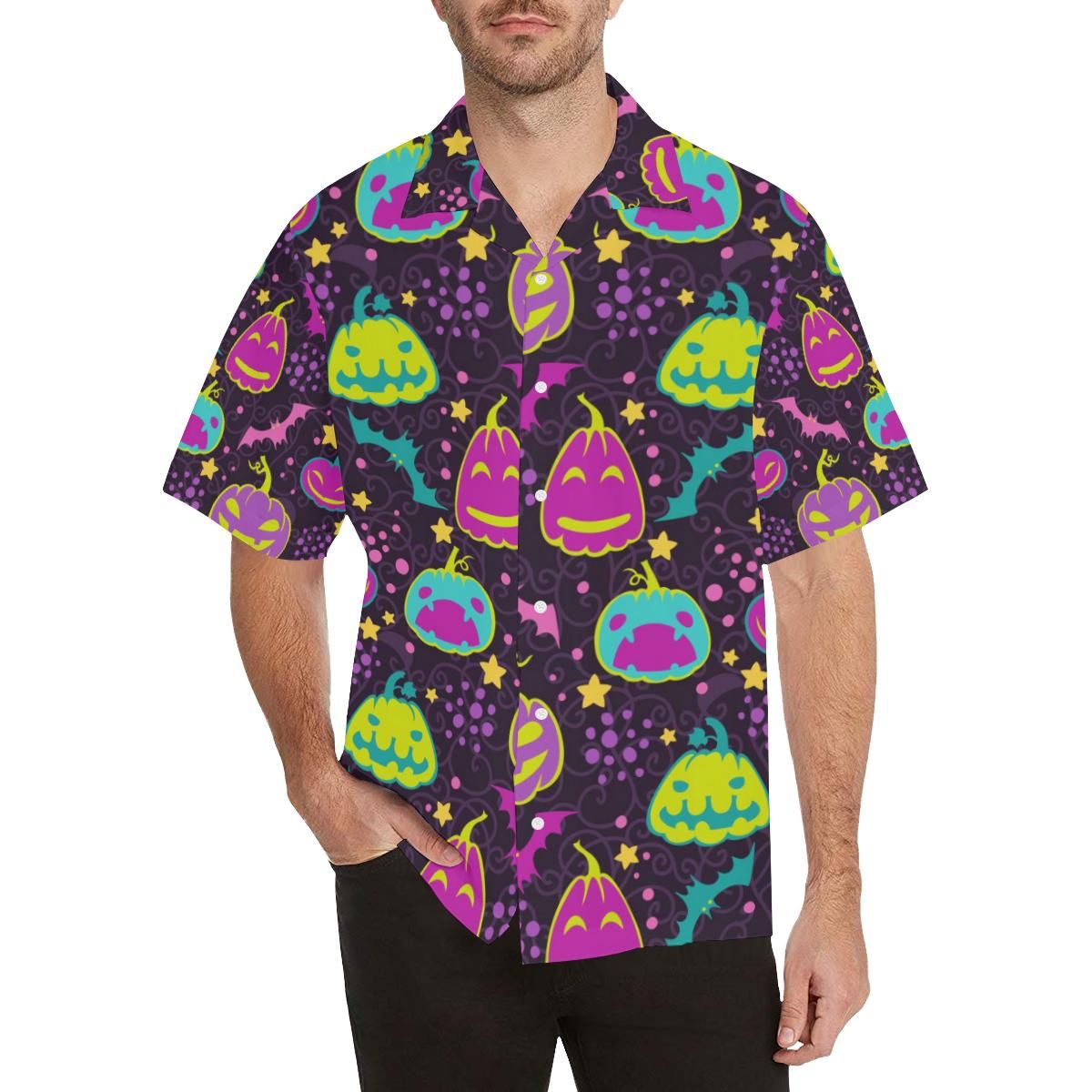 Halloween Pumpkin Bat Pattern Men’s All Over Print Hawaiian Shirt