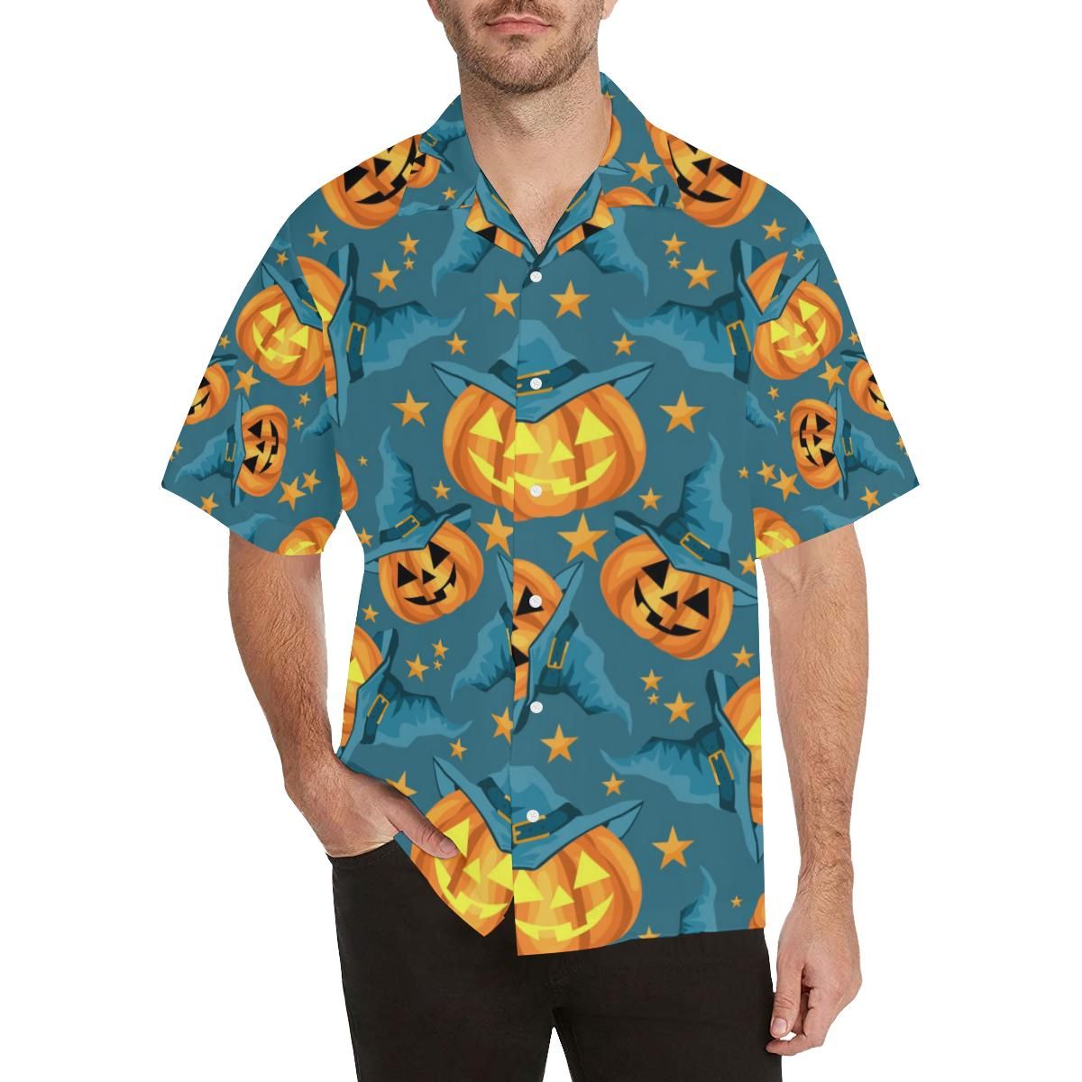 Halloween Pumpkin Witch Hat Pattern Men’s All Over Print Hawaiian Shirt