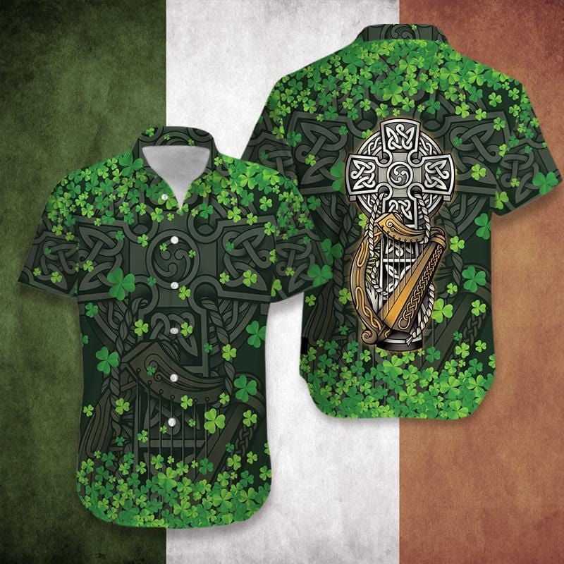 Happy Patrick's Day The Celtic Cross Harp Irish Proud Grey Green Hawaiian Shirts #010221h