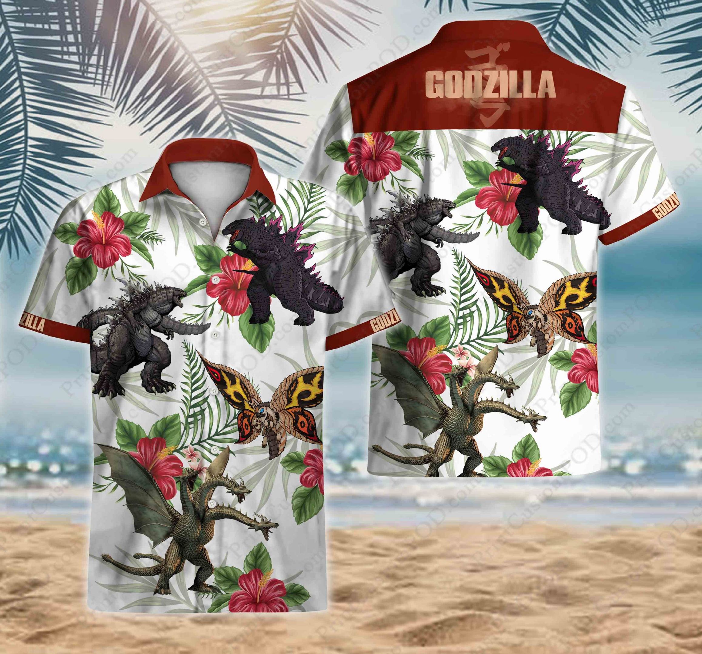 3D Godzilla Surfing Funny Unisex Hawaiian Shirt Summer Shirt Full Size S-5XL