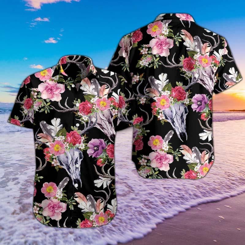 Hawaii Shirt Deer Skull and Flowers Hawaii Shirts 06630 