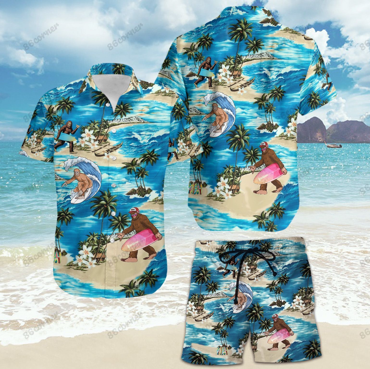 Hawaii Shirt & Short Set Bigfoot Surfing 