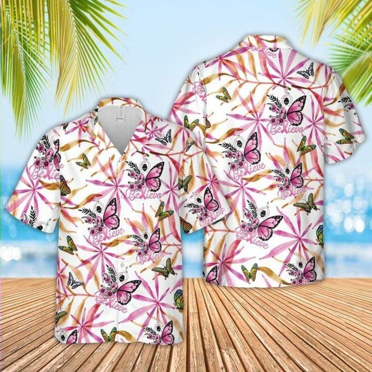 Hawaiian Aloha Shirts Breast Cancer Butterfly Believe