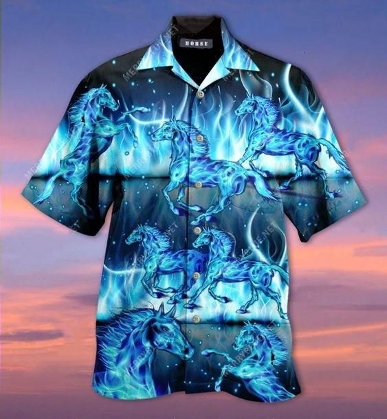 Hawaiian Aloha Shirts Burning Blue Horses