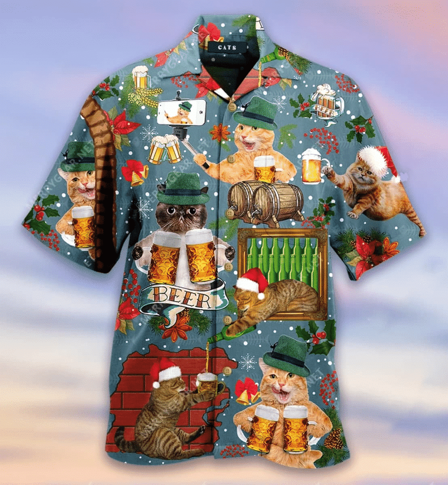 Hawaiian Aloha Shirts Cats Drink Beer