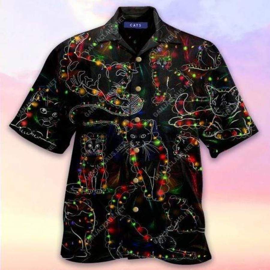 Hawaiian Aloha Shirts Christmas Light Black Cat