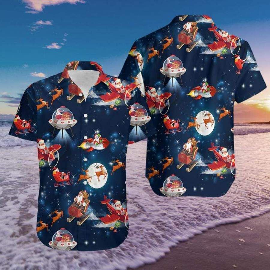 Hawaiian Aloha Shirts Christmas Santa Claus Space #911dh