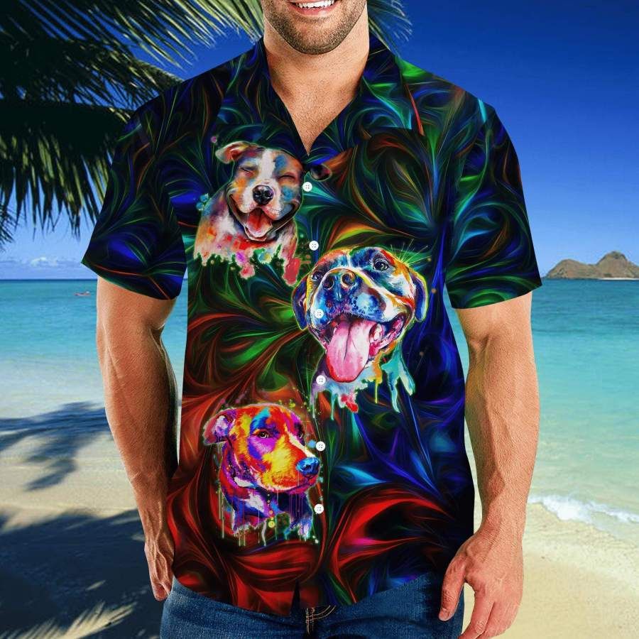 Hawaiian Aloha Shirts Colorful Pit Bull Terrier