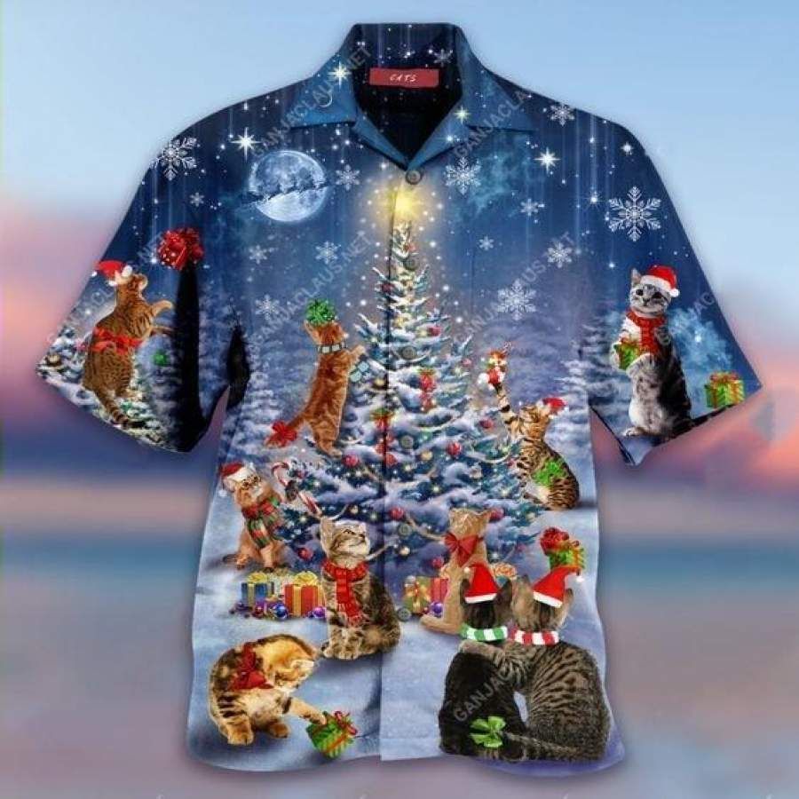 Hawaiian Aloha Shirts Cute Cats Around Christmas Tree