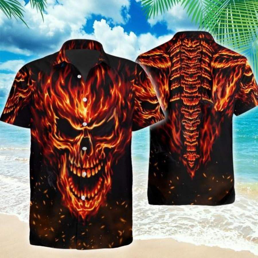 Hawaiian Aloha Shirts Fire Burning Skull