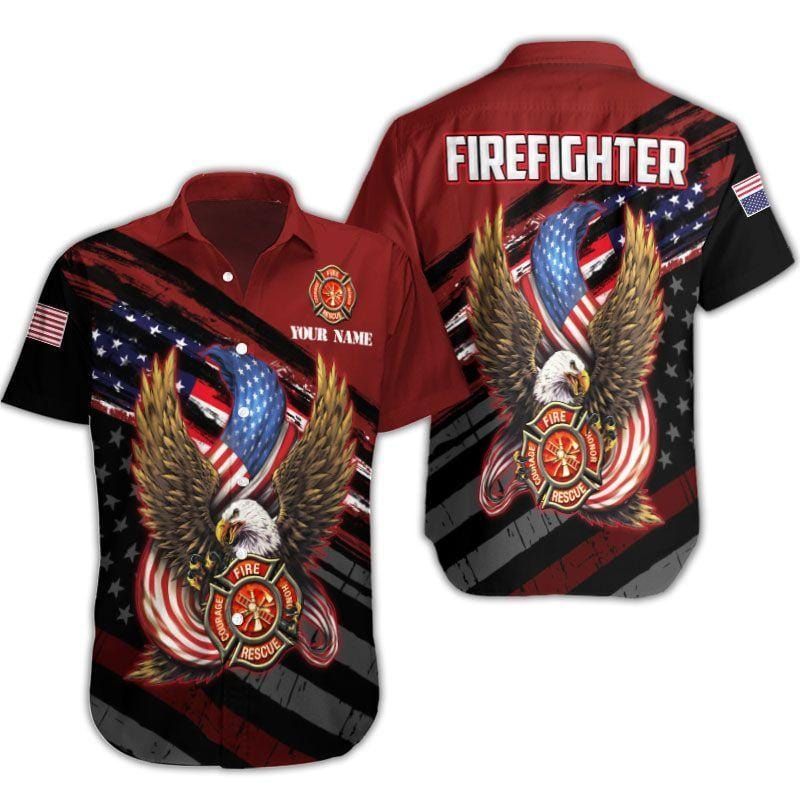 Hawaiian Aloha Shirts Firefighter Eagle Flag