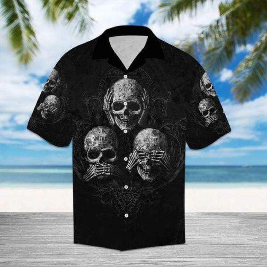 Hawaiian Aloha Shirts Hear Speak See Skull