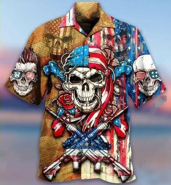 Hawaiian Aloha Shirts Patriotic Flower Skull
