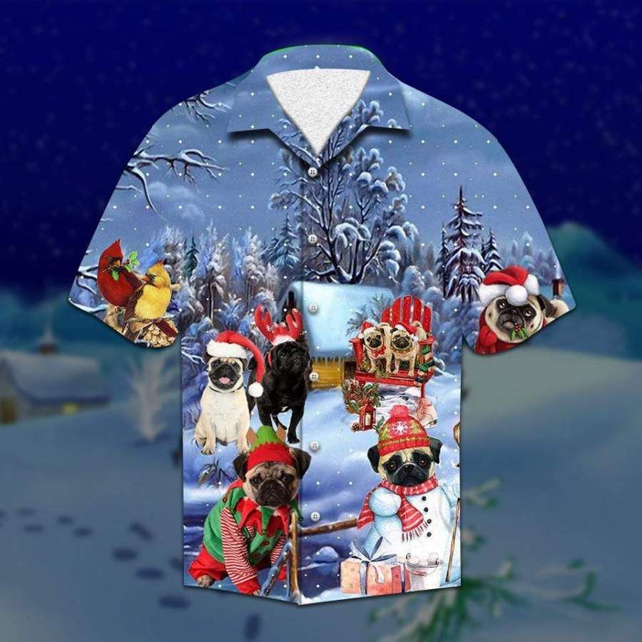 Hawaiian Aloha Shirts Pugs Through The Snow Christmas